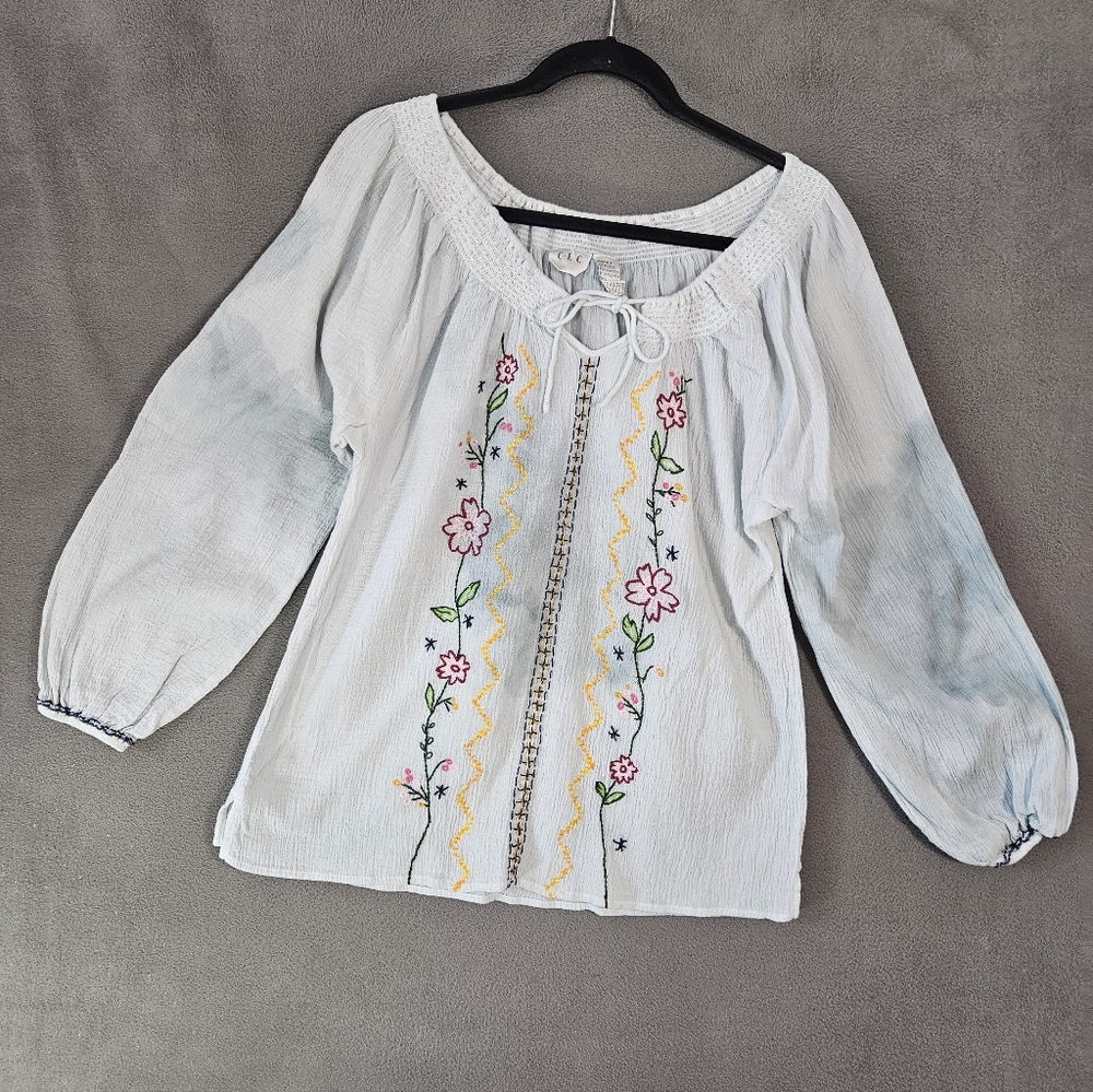 Vintage 90s CLC Womens Large Peasant Shirt Blue Tye Dye Floral Embroidery Boho